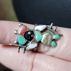 Vintage Zuni multi stone inlay Apache Dancer ring. Mexico Silver 6.25-6.5